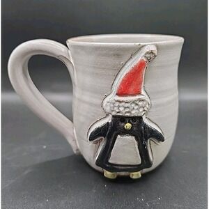Handcrafted Studio Pottery Penguin In Santa Hat Mug  Mudworks Stoneware USA